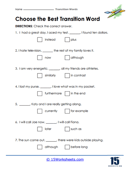 Linking Ideas with Transition Words Worksheet for 3rd Grade Addition Practice Third grade worksheet featuring exercises for students to practice using transition words to link ideas in their writing