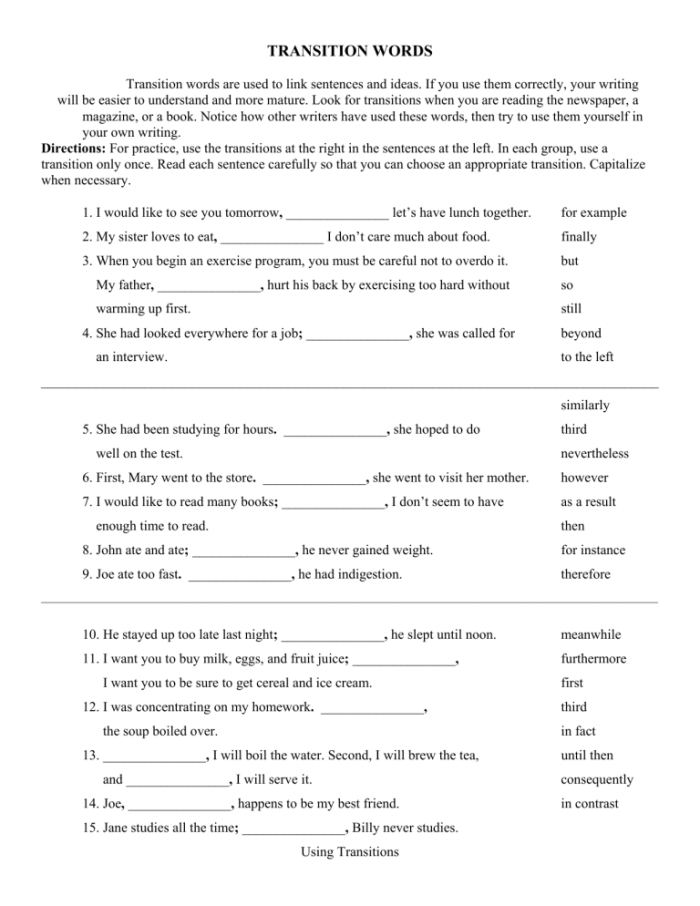 Worksheet featuring instructions for adding transition words in a pasta recipe for second graders