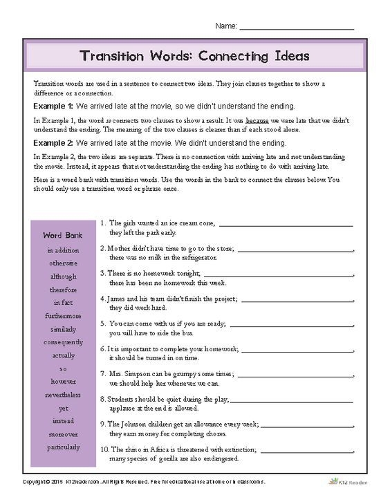 Linking Ideas with Transition Words Worksheet Number 21 for Grade 3 Students Third grade student practicing transition words on a Linking Ideas with Transition Words worksheet