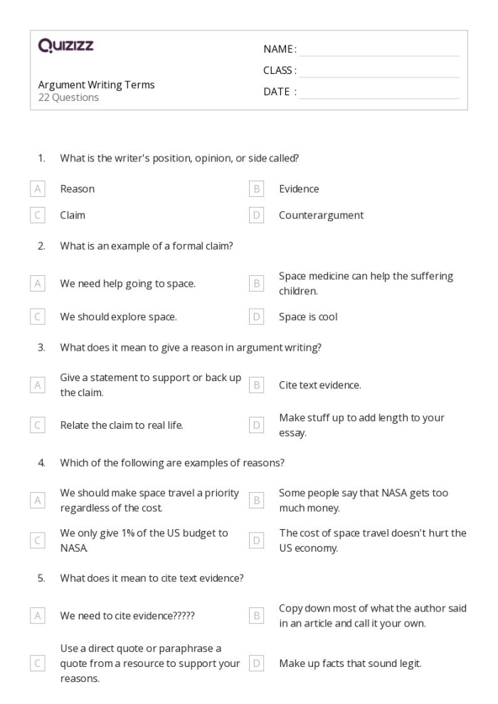 Worksheet featuring transition words for argument writing in sixth grade