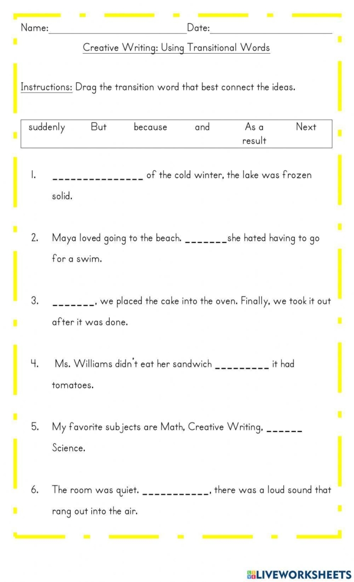 Transition Words in Informational Writing worksheet for sixth graders focusing on grammar practice