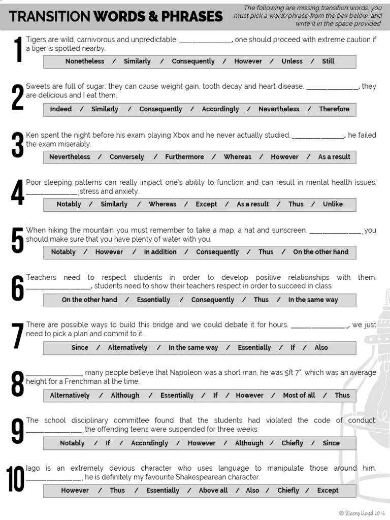 Linking Ideas with Transition Words Worksheet Number 13 Third grade student completing a worksheet on linking ideas with transition words