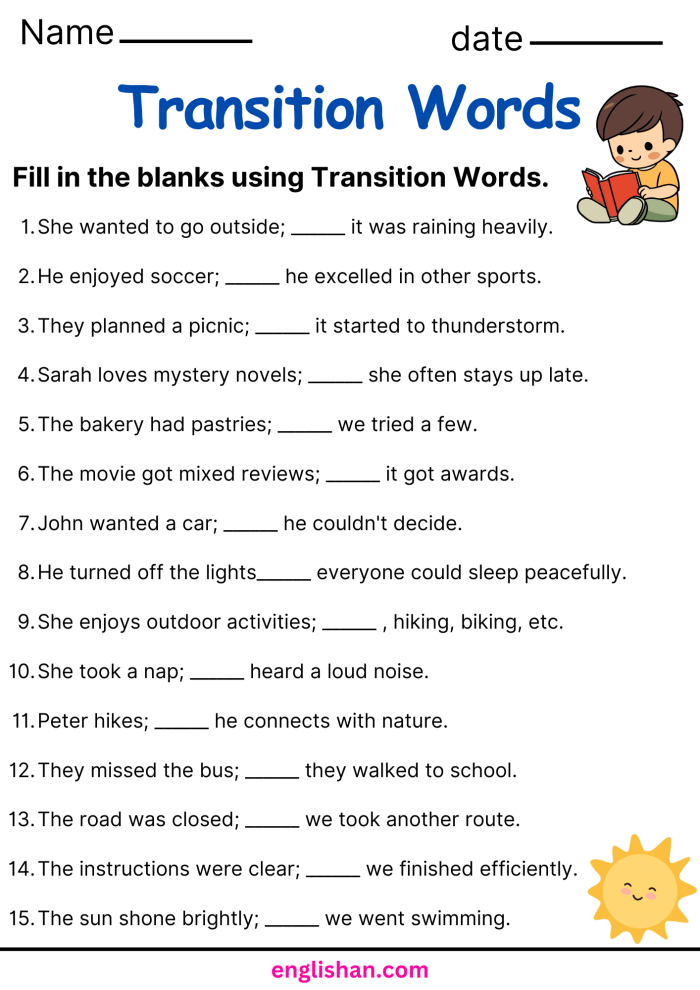 Transition Words Worksheet for Elementary Writers Learning to Add Connecting Ideas Third grade students practicing linking words and transition phrases to connect sentences and ideas in their writing