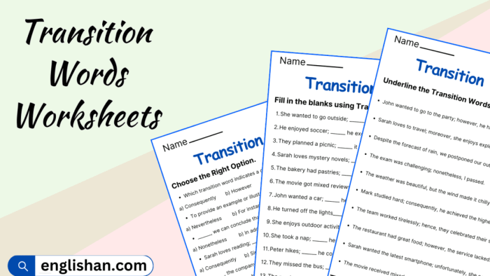 Sixth grade worksheet featuring a variety of transition words for writing exercises