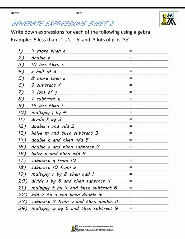 Sixth grade math worksheet for translating verbal phrases into algebraic expressions