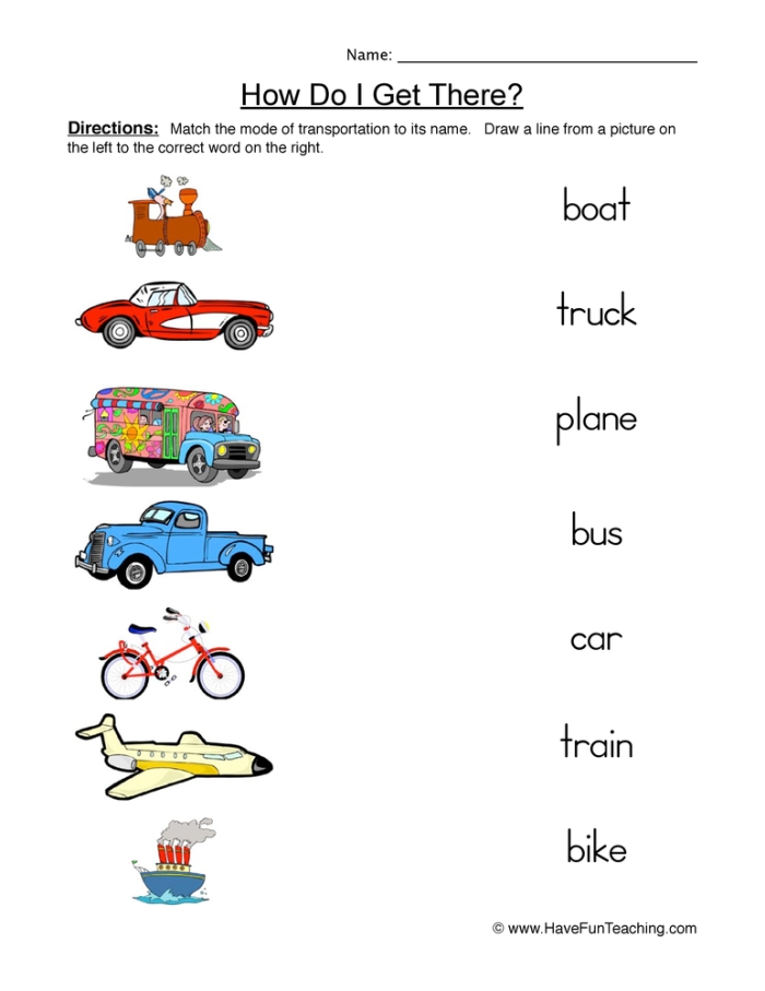 Transportation Cut-and-Paste worksheet for preschoolers featuring various vehicles and their correct placements