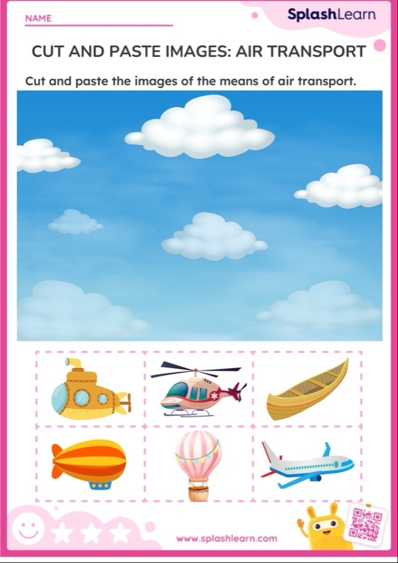 Transportation Cut-and-Paste worksheet for preschoolers featuring various vehicles