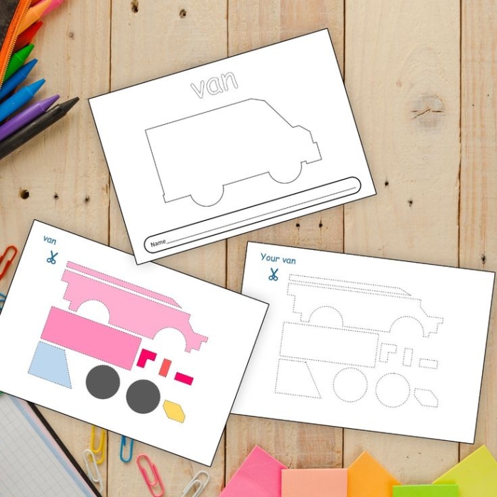 Pre-K cut-and-paste activity sheet featuring various transportation vehicles for students to sort and glue