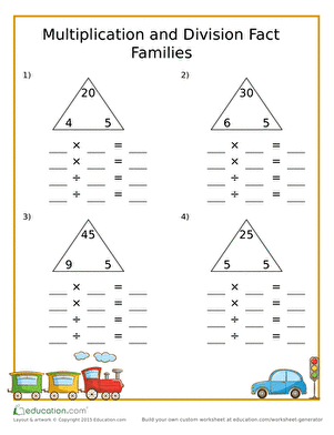 Worksheet illustrating transportation fact families for third grade math practice Transportation-themed worksheet for third graders practicing multiplication and division fact families