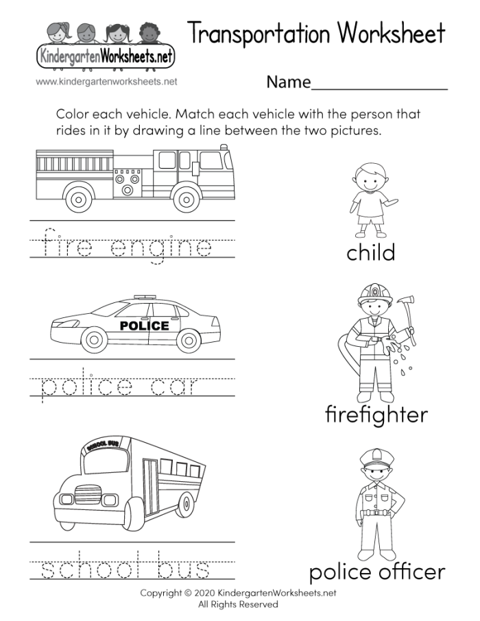 Interactive Learn About Transportation worksheet for Pre-K students Children's worksheet featuring transportation matching activities for preschoolers