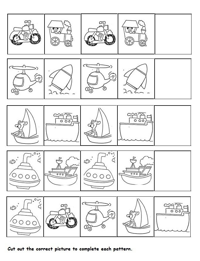 Transportation Patterns Worksheet Activity 1 Colorful transportation vehicles arranged in repeating patterns for preschool learners to identify and continue