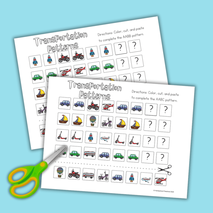 Transportation Patterns Worksheet 14 Multiplication Practice for Preschoolers Transportation patterns worksheet for Pre-K students featuring a race car sequence