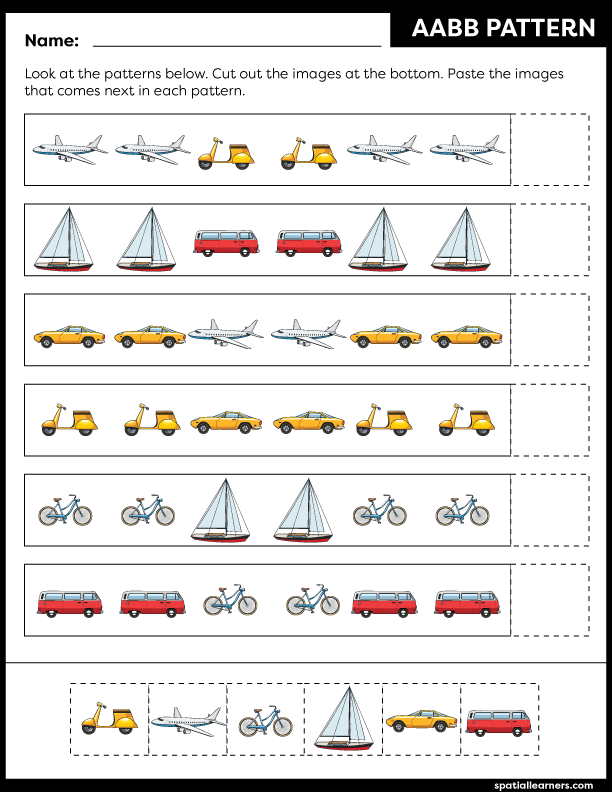 Transportation patterns math worksheet for early learners number five Pre-K transportation patterns worksheet featuring a sequence of colorful vehicles to solve