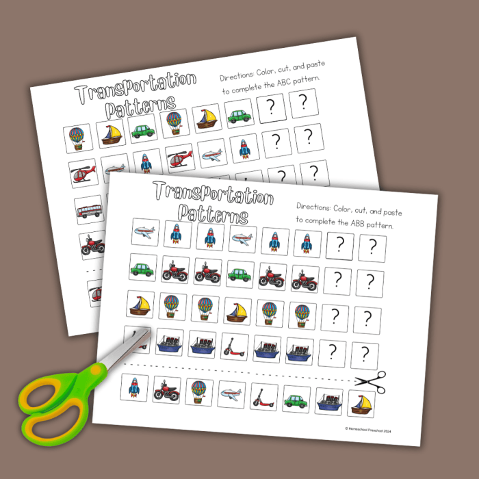 Transportation Patterns Multiplication Worksheet 2 Pre-K student completing a transportation patterns worksheet with colorful vehicle icons
