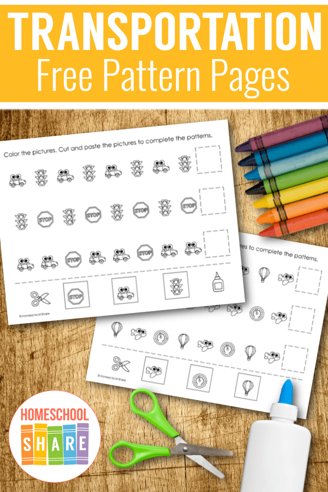 Transportation Patterns Worksheet 8: Find the Missing Vehicle in the Sequence Colorful transportation vehicles arranged in a repeating pattern sequence for pre-kindergarten learners to identify what comes next