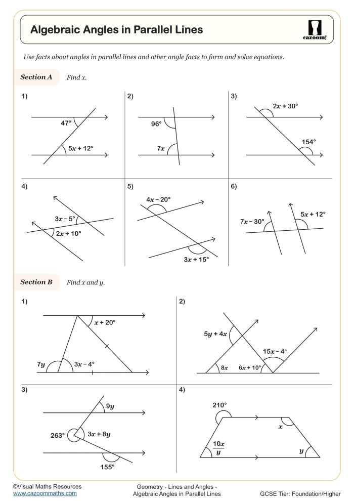 Transversals of Parallel Lines Angle Relationships Geometry Practice Sheet 6 Eighth grade geometry worksheet featuring angle relationships and transversals of parallel lines