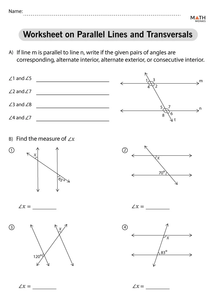 Transversals of Parallel Lines Angle Relationships Worksheet Number Twenty-Two Eighth grade geometry worksheet featuring diagrams of transversals intersecting parallel lines to practice angle relationships