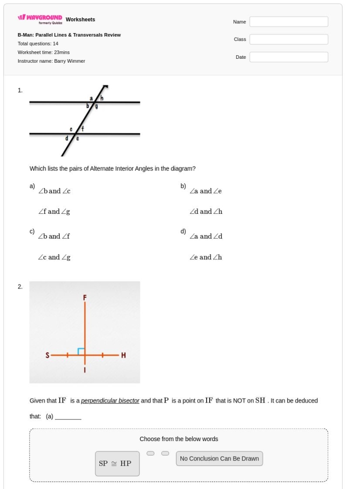 Transversals of Parallel Lines Angle Relationships Worksheet Five Eighth grade geometry worksheet featuring transversal lines intersecting parallel lines to practice angle relationships