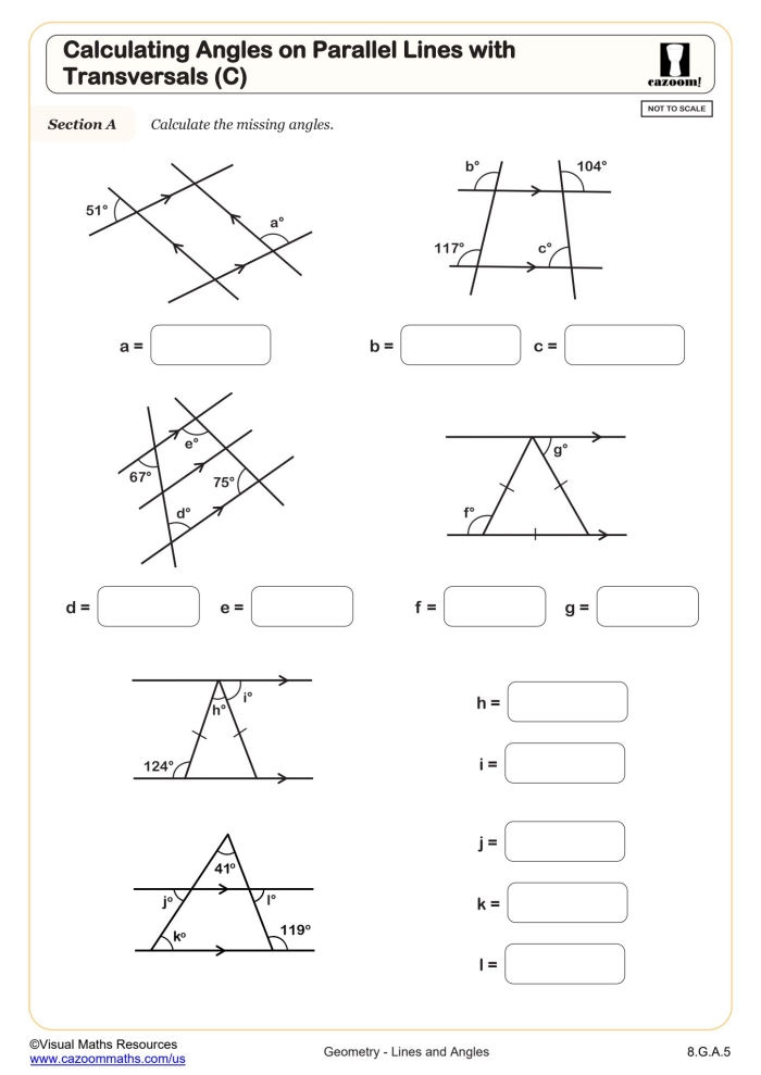 Transversals and Parallel Lines Angle Relationships Practice Problem Set 19 Eighth grade geometry worksheet showing parallel lines cut by a transversal with labeled angles demonstrating corresponding and alternate interior angle relationships