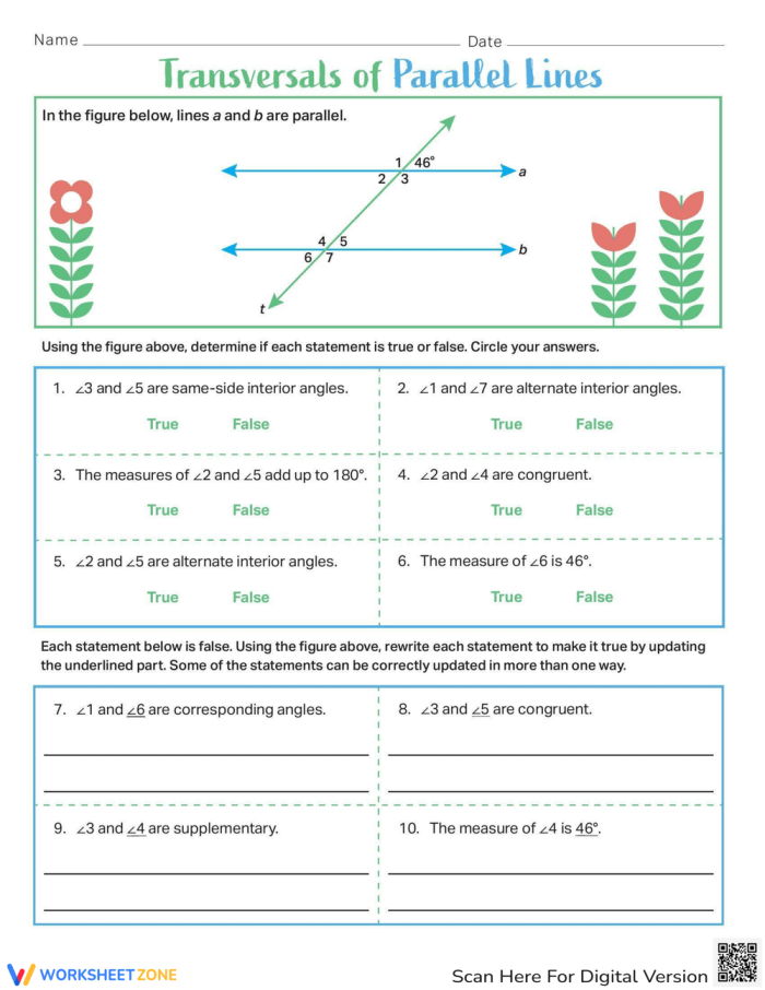 Transversals of Parallel Lines Worksheet for 8th Grade Geometry Lesson 20 Eighth grade geometry worksheet featuring diagrams of parallel lines intersected by a transversal for angle practice