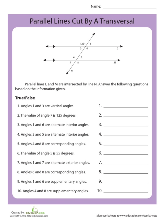 Transversals of Parallel Lines Angle Relationships Worksheet 21 Eighth grade geometry worksheet featuring transversal lines intersecting parallel lines to practice angle relationships