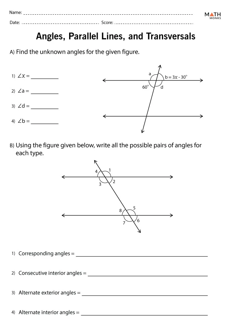 Transversals of Parallel Lines Angle Relationships Worksheet 15 Eighth grade geometry worksheet featuring diagrams of transversals intersecting parallel lines to practice angle relationships