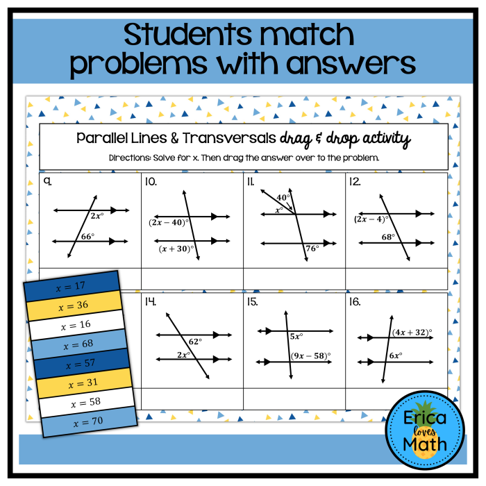 Transversals of Parallel Lines Worksheet 19 Eighth grade geometry worksheet featuring diagrams of parallel lines intersected by a transversal for students to identify angle pairs.