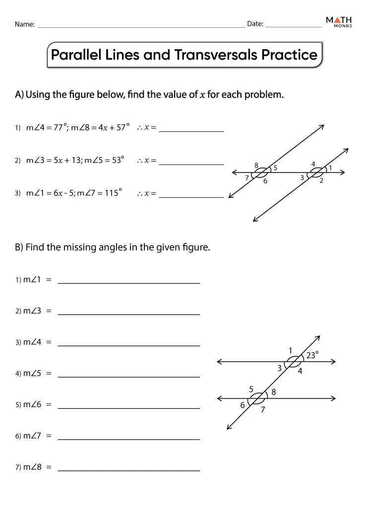 Transversals of Parallel Lines Worksheet 16 Eighth grade geometry worksheet featuring diagrams of angles formed by a transversal crossing two parallel lines