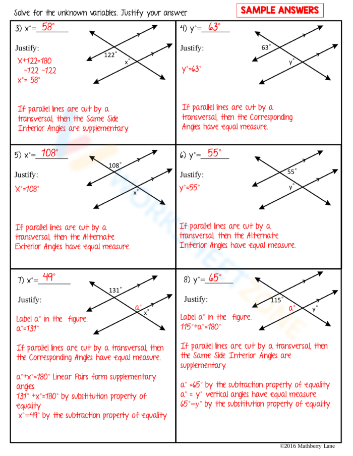Transversals of Parallel Lines Angle Relationships Worksheet 17 Eighth grade math worksheet focusing on angle relationships created by transversals of parallel lines
