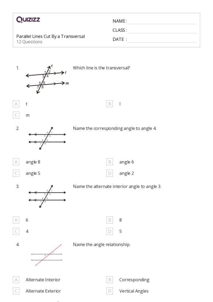 Transversals of Parallel Lines Worksheet Number 18 Eighth grade geometry worksheet featuring diagrams of parallel lines intersected by a transversal for angle practice