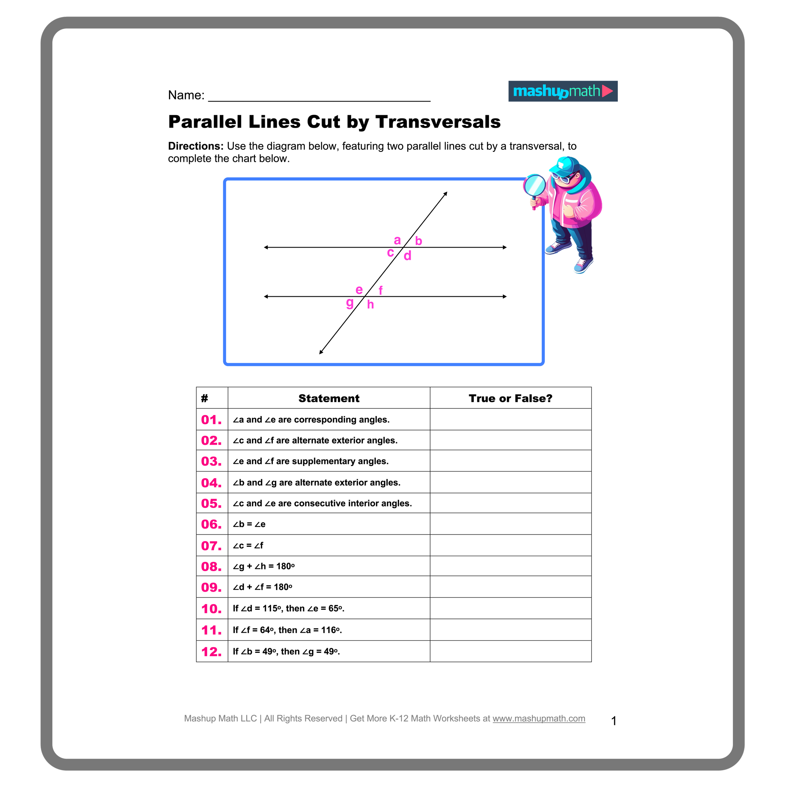 Transversals of Parallel Lines Worksheet for 8th Grade Math 14 Eighth grade geometry worksheet featuring diagrams of parallel lines intersected by a transversal for angle practice
