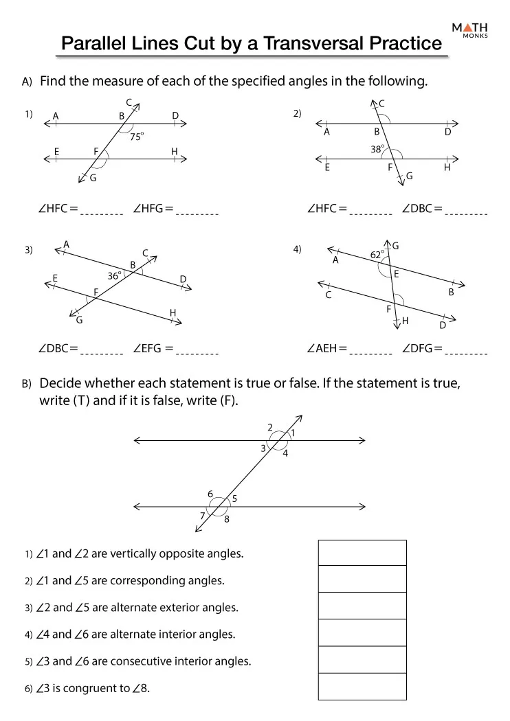Parallel Lines Cut by a Transversal Practice Problem Set 15 Eighth grade geometry worksheet showing parallel lines intersected by a transversal with angle relationships labeled for students to identify and solve