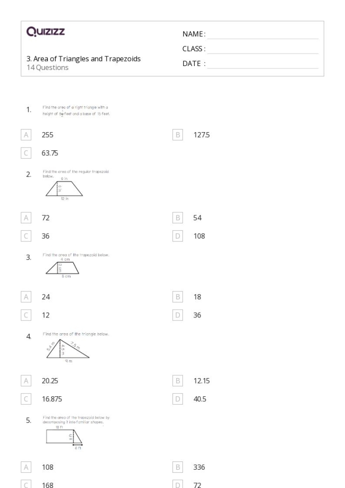 Sixth grade student solving trapezoid area problems on a practice worksheet with labeled dimensions