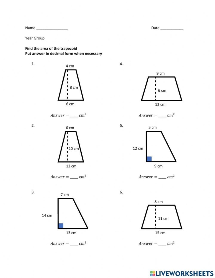 Sixth grade student working on a math practice worksheet to calculate the area of trapezoids