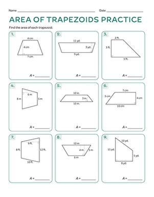 Sixth grade students solving trapezoid area problems on a practice worksheet with parallel sides and height measurements