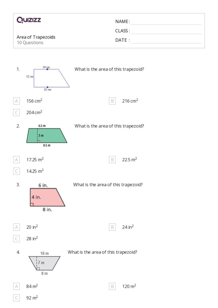 Sixth grade math students calculating the area of trapezoids on a printable practice worksheet