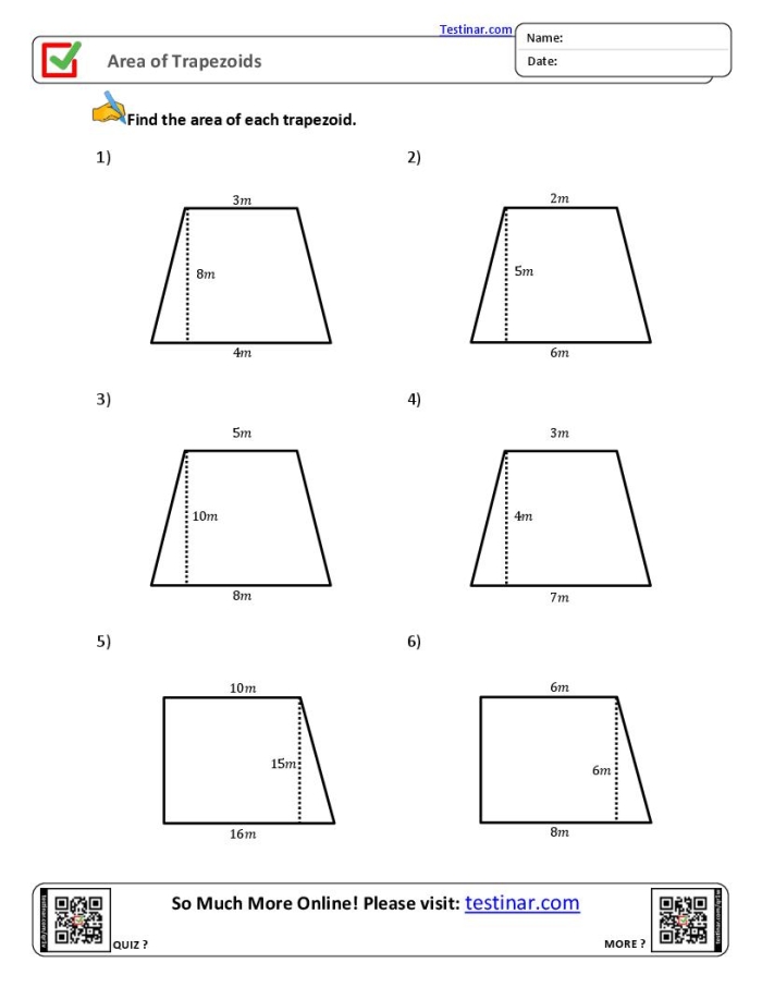 Sixth grade math practice worksheet showing trapezoid shapes with measurements for calculating area