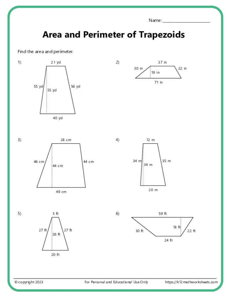 Sixth grade student solving area of trapezoid problems on a practice worksheet with measurements and formulas