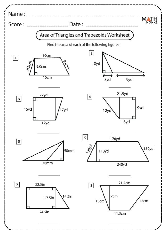 Sixth grade math students calculating the area of trapezoids on a printable practice sheet