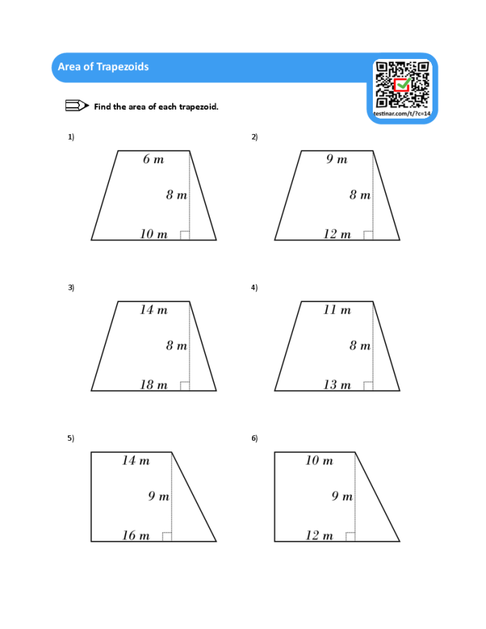 Sixth grade student solving trapezoid area problems on a practice worksheet with measurements and formulas