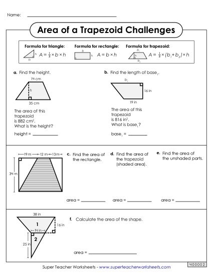 Sixth grade student solving area of trapezoid practice problems on a math worksheet