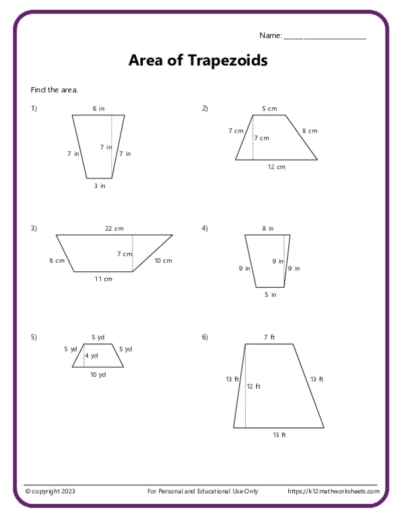 Worksheet for calculating the area of trapezoids for sixth-grade students