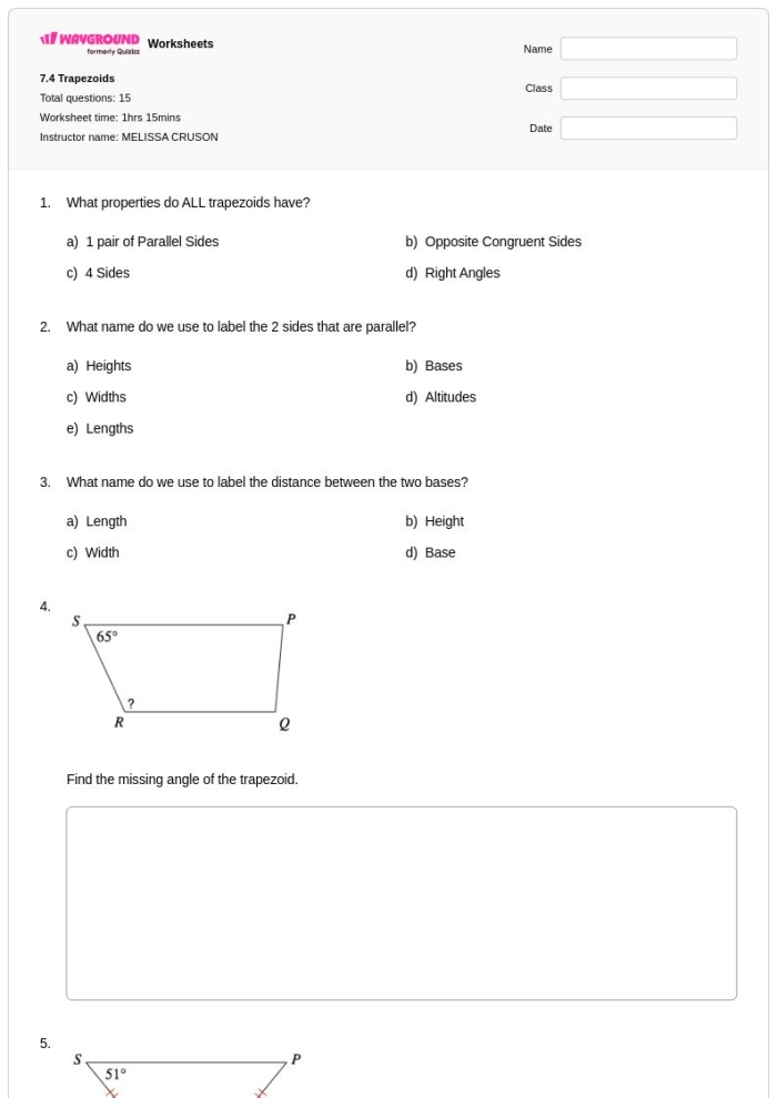 Second grade students identifying and coloring trapezoids among various geometric shapes on a worksheet