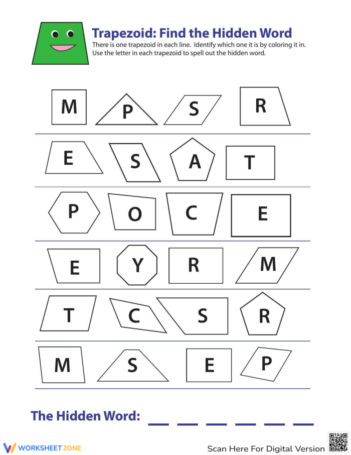 Trapezoids identification practice sheet for geometry lessons Worksheet for identifying trapezoids with a word bank for second graders