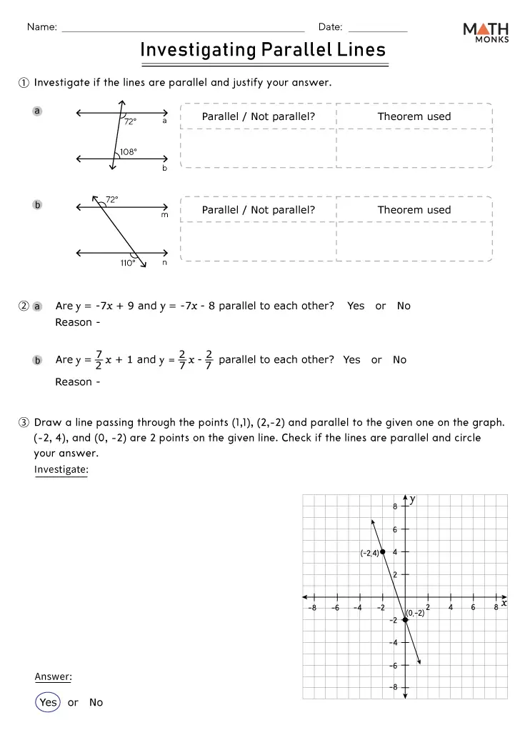 Identifying Parallel Lines in Trapezoids Learning Activity for Elementary Students Third grade geometry worksheet showing trapezoids with highlighted parallel lines and 2D shape comparisons for students learning about geometric properties
