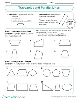 Trapezoids and Parallel Lines Worksheet 24 Geometry Exercise Third grade geometry worksheet featuring trapezoids and parallel lines practice problems