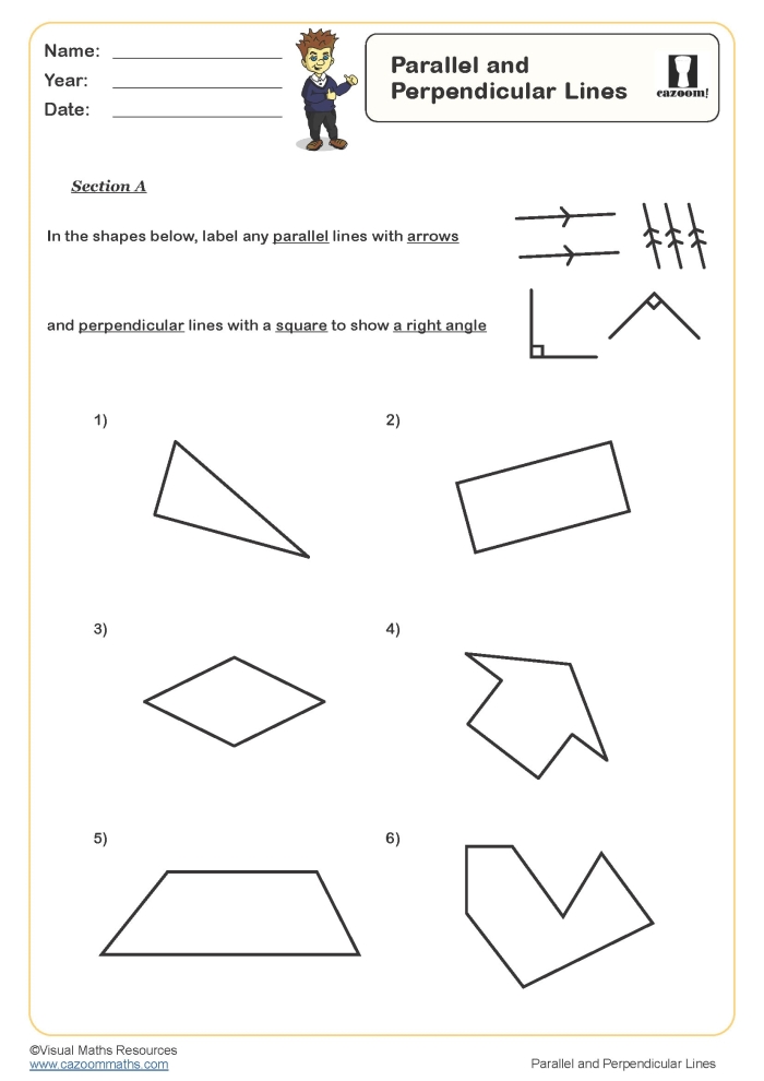 Identifying Parallel Lines in Trapezoids Practice Activity Third grade geometry worksheet showing trapezoids with parallel lines highlighted for students to identify and compare 2D shapes