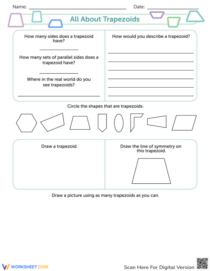 Trapezoids and Parallel Lines Practice Activity for Elementary Math Students Third grade geometry worksheet showing trapezoids with highlighted parallel lines for students to identify and compare 2D shapes