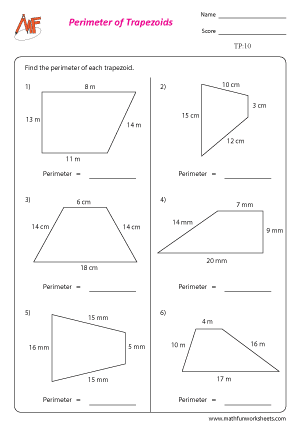 Worksheet featuring trapezoids for third graders to calculate their perimeters
