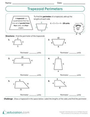Trapezoid Perimeters worksheet for third graders focusing on geometry calculations
